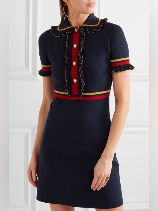 Gucci Dresses & Skirts - Gucci Pearl Embellished Ruffled Wool Blend Mini Dress Size Small NWT Navy
